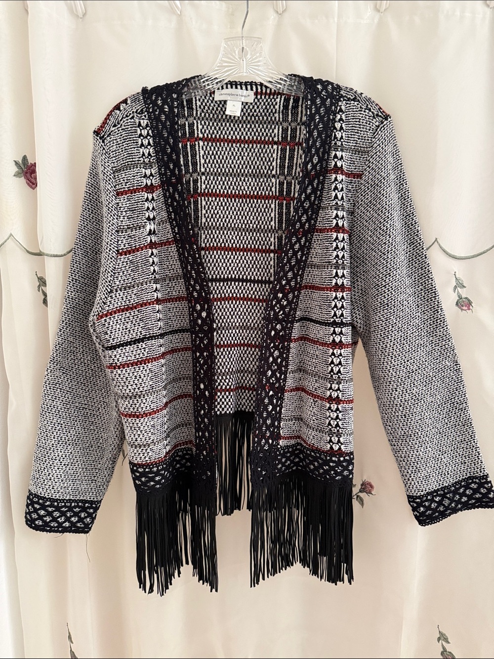 Christopher & Banks Black, White & Burgundy Fringe Open Knit Cardigan